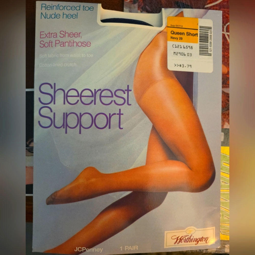 NOS JCPenney Pantyhose Navy Size Queen Short Reinforced Toe Sheerest Support